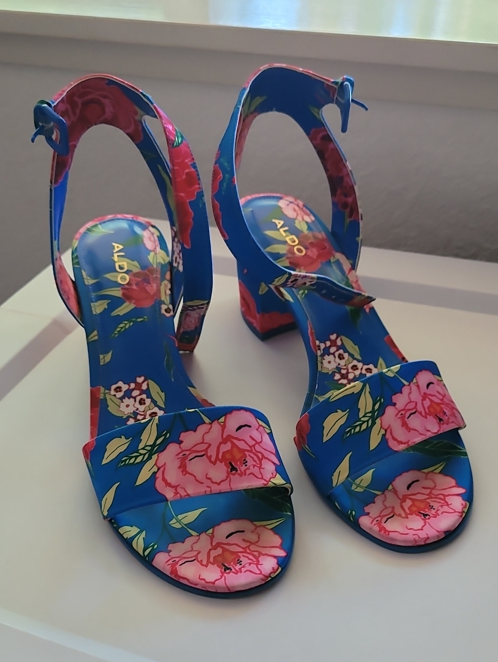 Aldo Blue Floral Block Heel Sandals with Pink Accents